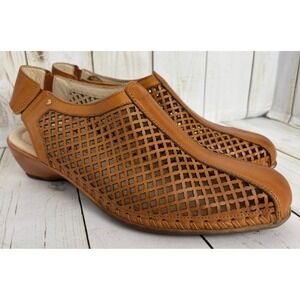 Pikolinos Womens Tan Brown Leather Perforated Slingback Wedge Sandals Sz 38/7.5